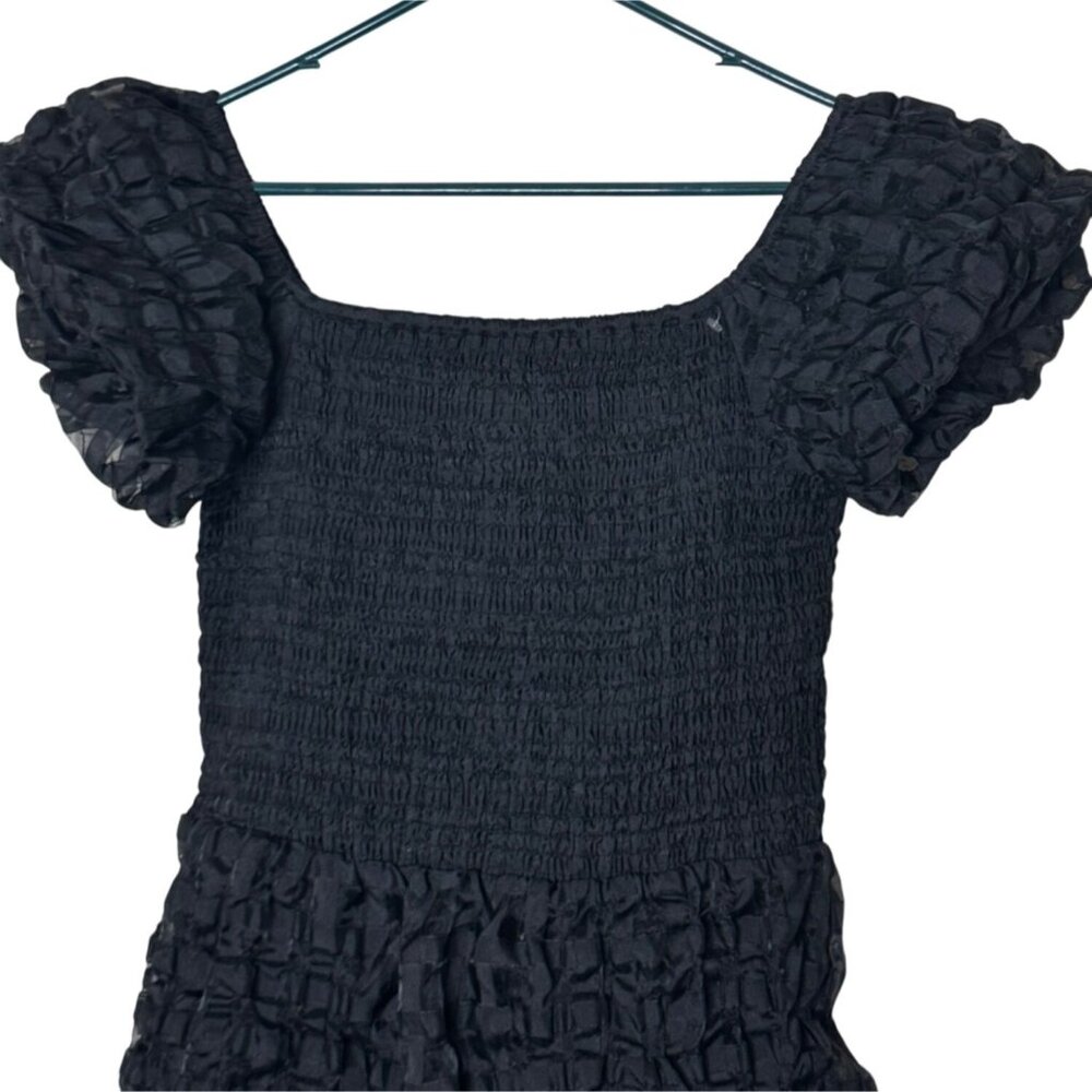 Whimsigoth Black Puff Sleeve Midi Dress L • Romantic Smocked Square Neck - Picture 2 of 8
